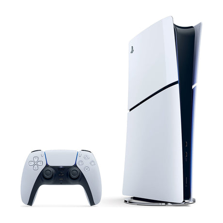 Sony PlayStation 5 Slim Digital Edition Console, 1TB SSD — PlayStation 5 Slim Digital Edition console standing upright next to a white DualSense controller