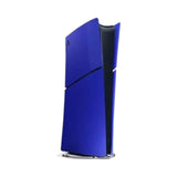 Sony PS5 Console Covers (model group - slim), Cobalt Blue — A pair of metallic cobalt blue PS5 Slim console covers fitted to a PS5 Slim standing upright, three-quarter front view