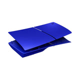 Sony PS5 Console Covers (model group - slim), Cobalt Blue — A pair of metallic cobalt blue PS5 Slim console covers fitted to a PS5 Slim standing upright, three-quarter front view