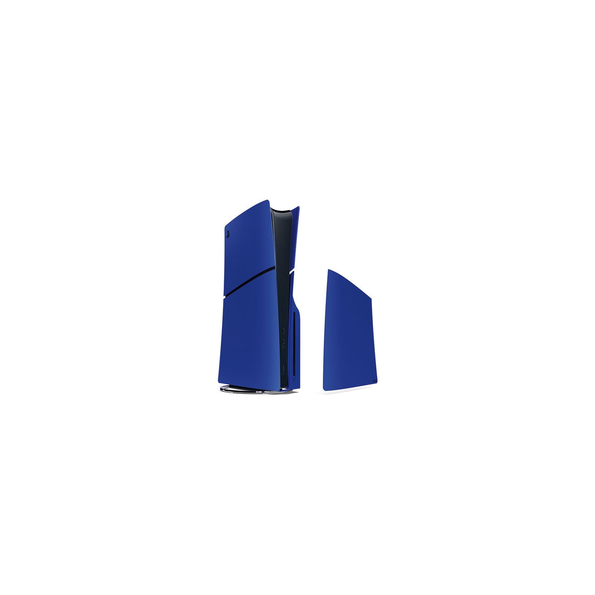 Sony PS5 Console Covers (model group - slim), Cobalt Blue — A pair of metallic cobalt blue PS5 Slim console covers fitted to a PS5 Slim standing upright, three-quarter front view