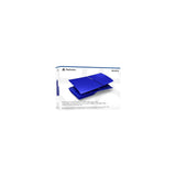 Sony PS5 Console Covers (model group - slim), Cobalt Blue — A pair of metallic cobalt blue PS5 Slim console covers fitted to a PS5 Slim standing upright, three-quarter front view