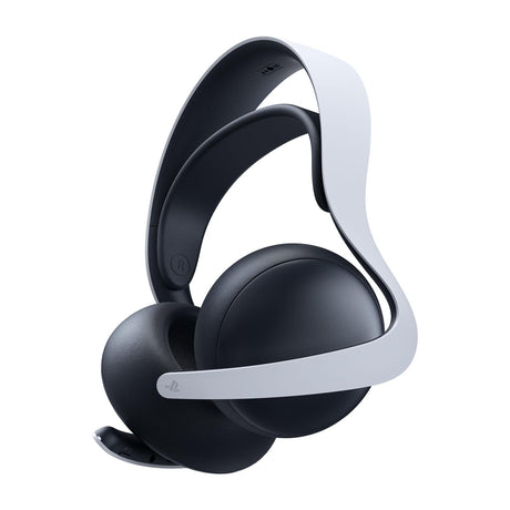 Sony PULSE Elite Wireless Headset for PS5, Planar Magnetic Drivers — Sony PULSE Elite wireless headset in white, three-quarter view with the boom microphone extended, on a plain background