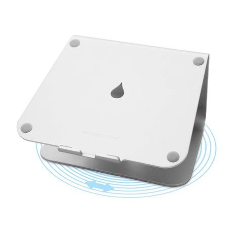 Rain Design mStand360 Laptop Stand, Single-Piece Aluminium with 360-Degree Swivel Base — Rain Design mStand360 aluminium laptop stand shown alone at a three-quarter angle on a plain background, with the curved single-piece body and round swivel base visib