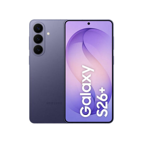 Samsung Galaxy S26+, 5G, 256GB, Unlocked — Samsung Galaxy S26 Plus rear view, full device, showing three vertically arranged rear camera lenses on a slim flat back