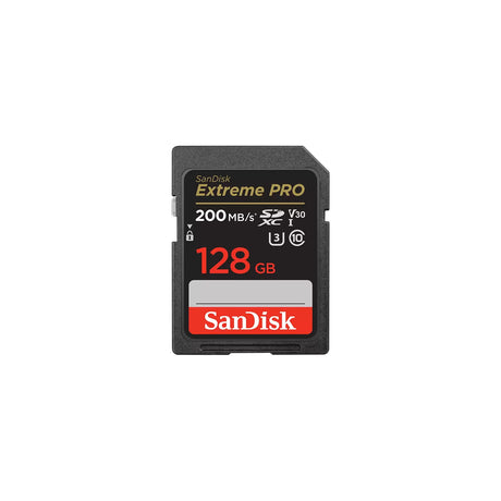 SanDisk Extreme PRO 128GB SDXC UHS-I Memory Card, 200MB/s Read, V30 4K — SanDisk Extreme PRO 128GB SDXC card, front view showing the black and gold label with the 200MB/s marking, on a plain background