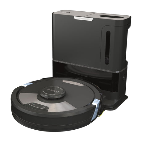 Shark AI Ultra Robot Vacuum with XL Self-Empty Base, RV2502AE — Shark AI Ultra black robot vacuum docked in its tall XL self-empty base, front three-quarter view