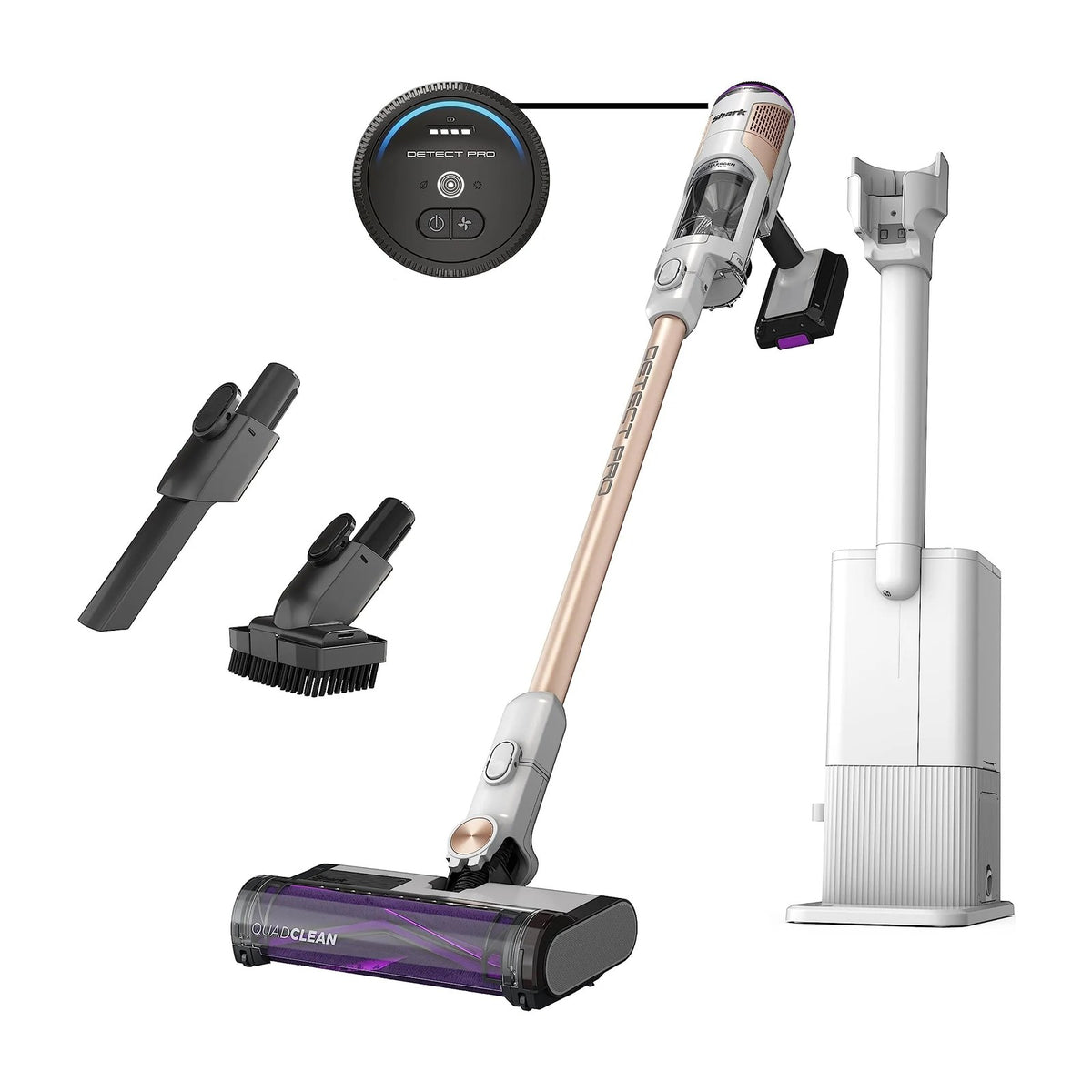 Shark Detect Pro Cordless Stick Vacuum with Auto-Empty System, IW3511 — Shark Detect Pro cordless stick vacuum in white and brass standing in its auto-empty charging dock, full height on a plain background