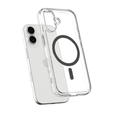 Spigen Ultra Hybrid MagFit Clear Case for iPhone 17, MagSafe Compatible — Clear hybrid phone case for iPhone 17, back view showing the camera cut-out, the transparent back and the faint MagSafe magnet ring
