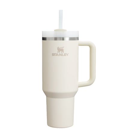 Stanley Quencher H2.0 FlowState Tumbler, 40 oz, Stainless Steel — Stanley Quencher H2.0 40 oz tumbler standing upright with the handle and straw visible, straight-on product view