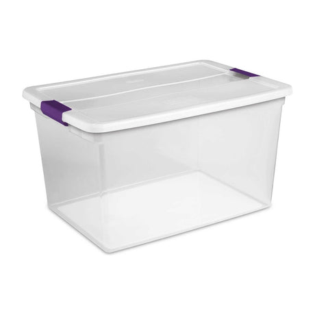 Sterilite 66 Qt ClearView Latch Storage Box with Lid, Clear — Sterilite 66 quart ClearView clear plastic storage box with its clear lid latched at both ends, three-quarter view