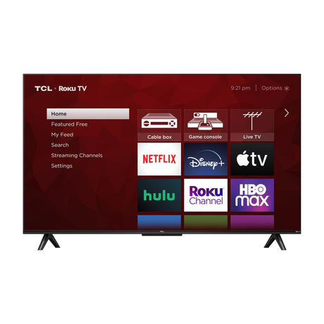 TCL 43" Class S4 4K UHD HDR Smart Roku TV, 43S451 — TCL 43-inch S4 Roku TV, front view on its two feet with the screen off