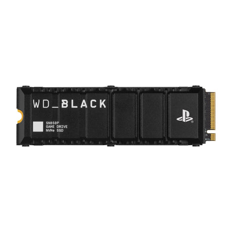 WD_BLACK SN850P 2TB NVMe SSD for PS5 Consoles, PCIe Gen4 with Heatsink — WD_BLACK SN850P 2TB M.2 SSD with its black PlayStation-branded heatsink, shown flat at a slight angle on a plain background
