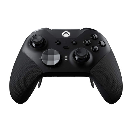 Microsoft Xbox Elite Wireless Controller Series 2, Black, with Carrying Case and Charging Dock — Xbox Elite Wireless Controller Series 2 in black, front three-quarter view, beside its open carrying case with the charging dock