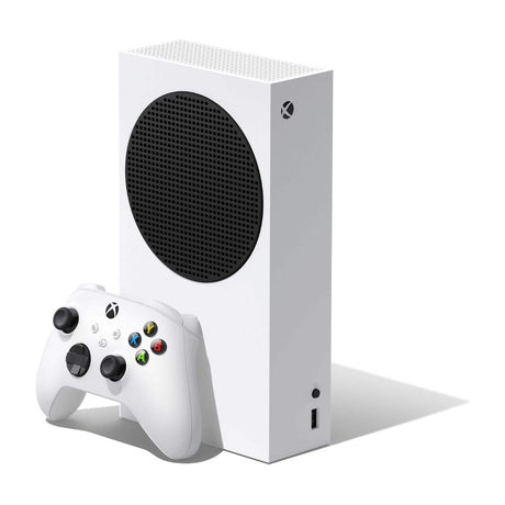 Microsoft Xbox Series S 512GB All-Digital Console, Robot White — Xbox Series S console in Robot White standing upright, front three-quarter view, on a plain background